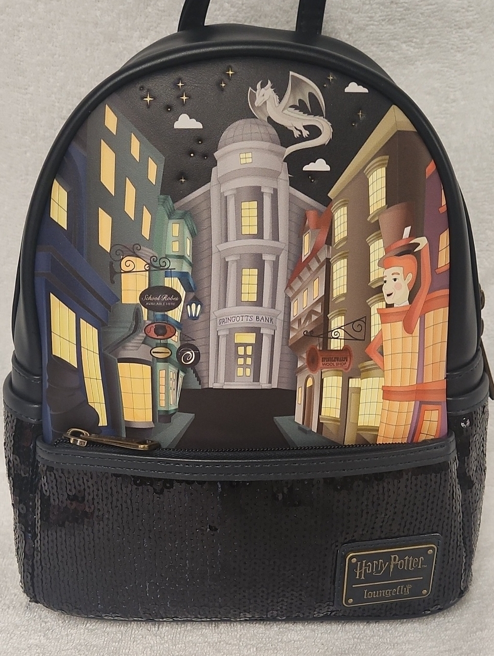 Loungefly Navy Diagon Alley Mini Backpack with Sequin Front Pocket